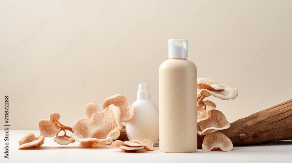 Cosmetic beauty product with mushrooms. Jar of skin care cream and mushrooms. Natural, organic cosmetics face cream, body cream, mask. Mushroom skin care Cosmetic beauty product with mushrooms. Jar of skin care cream and mushrooms. Natural, organic cosmetics face cream, body cream, mask. Mushroom skin care