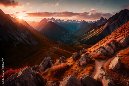 An intimate view of a European mountain range  its peaks kissed by the rosy hues of sunset