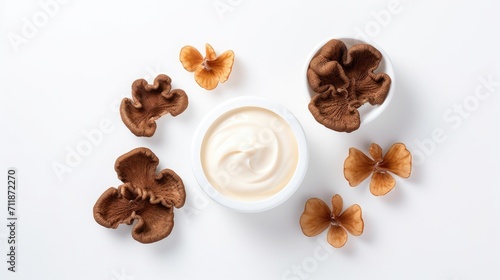 Cosmetic beauty product with mushrooms. Jar of skin care cream and mushrooms. Natural, organic cosmetics face cream, body cream, mask. Mushroom skin care