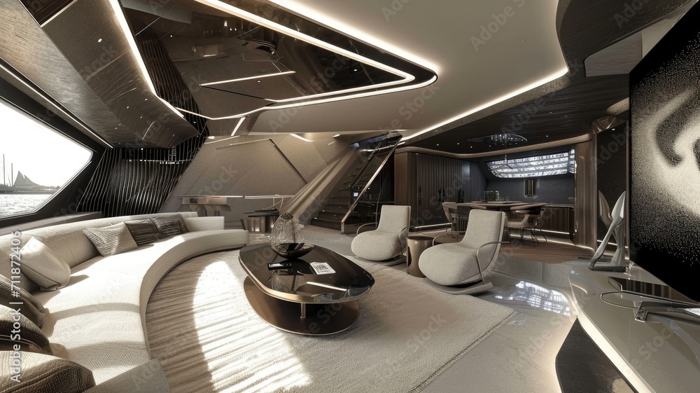 cutting-edge interior with sleek furniture, metallic finishes, and innovative design elements for a futuristic and modern feel, suitable for yacht cutting-edge interior with sleek furniture, metallic finishes, and innovative design elements for a futuristic and modern feel, suitable for yacht