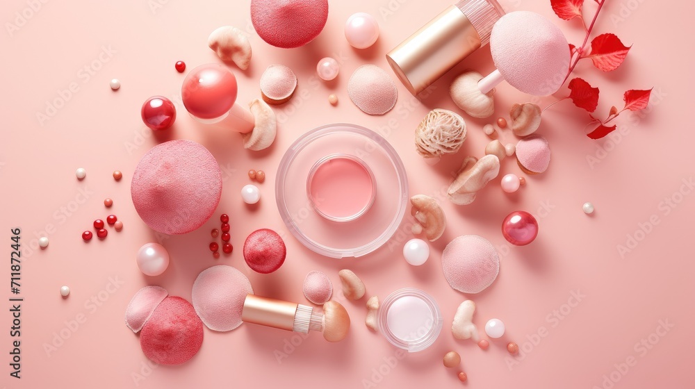 Flatly composition of beauty cosmetic product and mushroom on pink background, skincare trend, cosmetic mushrooms, organic eco friendly product Mushroom-Based Cosmeceutical Formulation Flatly composition of beauty cosmetic product and mushroom on pink background, skincare trend, cosmetic mushrooms, organic eco friendly product Mushroom-Based Cosmeceutical Formulation