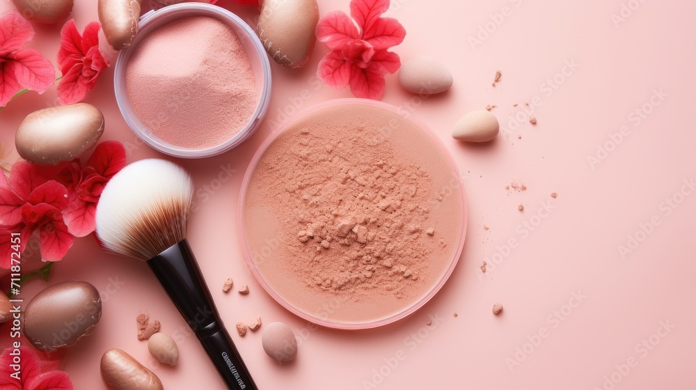 Flatly composition of beauty cosmetic product - brush, powder and mushroom on pink background, skincare trend, cosmetic mushrooms, organic eco friendly product Mushroom-Based Cosmeceutical Formulation - obrazy, fototapety, plakaty 