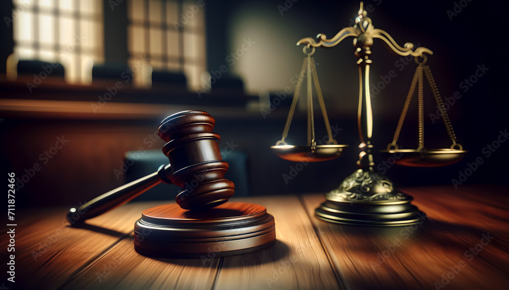 A judge's gavel and a scale on the wooden table in a courtroom A judge's gavel and a scale on the wooden table in a courtroom