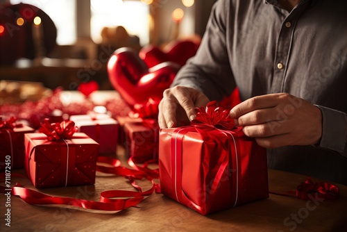 Romantic man busy packing valentines day gifts in beautiful wrapping paper with ample copy space