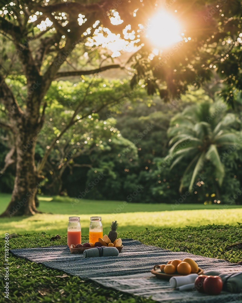 Fototapeta premium Tranquil Picnic Setup in a Lush Green Park at Sunset