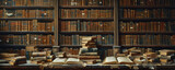 old books in a room that looks like an old library, in the style of detailed texture