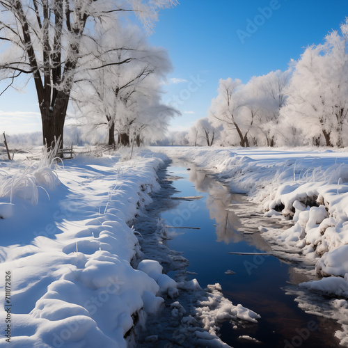 beautifully beautiful magnificent winter Sunny landscape with river and trees in frost . Beautiful winter christmas landscape with snow covered trees and forest calm river in frosty day. © Cristina