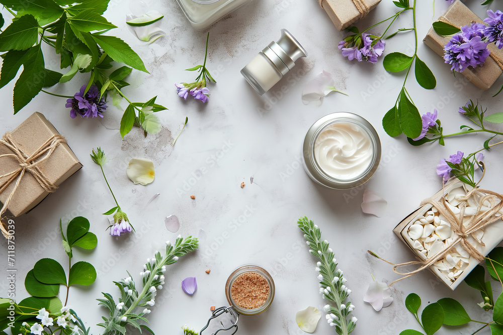 beige and white cosmetic vial and cream jars, gift boxes on white, product design, top view beige and white cosmetic vial and cream jars, gift boxes on white, product design, top view