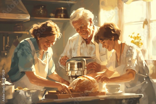 Vintage Painting of Family Baking Together photo