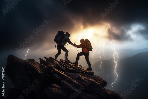 Hiker helping friend reach the mountain top, snowstorm, lightning. Teamwork concept, man helping friend reach the mountaintop. Achieving goals, success, overcoming difficulties