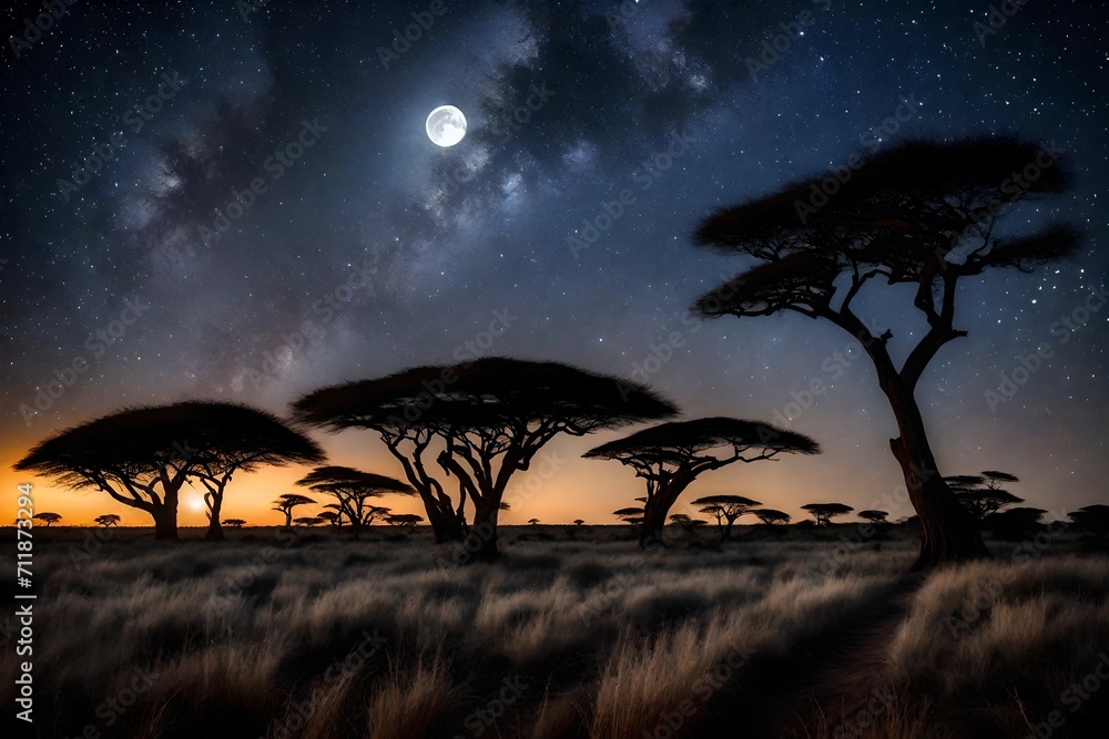 image of a starlit night over the African savannah, with silhouettes of acacia trees against the vast, moonlit sky