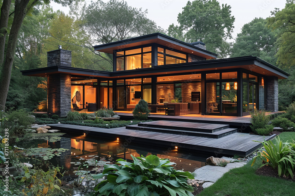 Obraz premium Large modern cottage with large windows, terrace, landscape design, scandinavian style