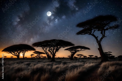 image of a starlit night over the African savannah, with silhouettes of acacia trees against the vast, moonlit sky