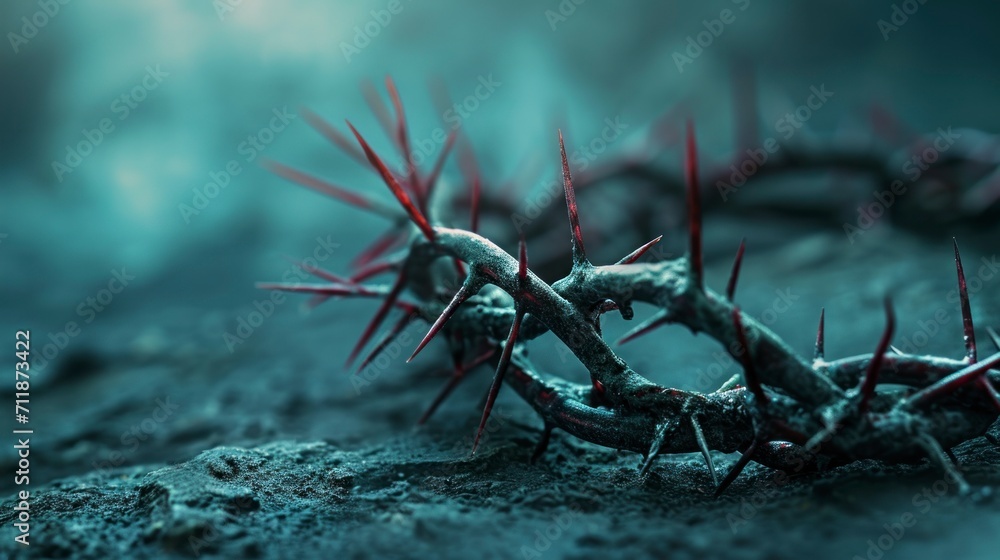 crown of thorns of christ covered in blood blood on the ground - obrazy, fototapety, plakaty 