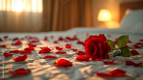 Red rose Place on a clean white bed. And a red rose petals strewn around.