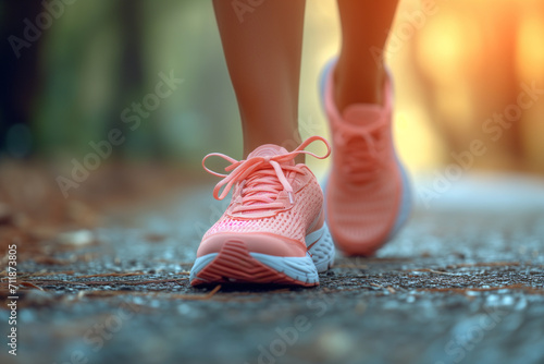 Close-up of pink running shoes on a park trail at sunset, embodying a commitment to a healthy and active lifestyle