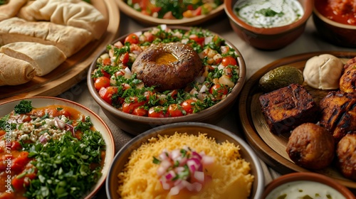 Traditional Turkish and Greek dinner appetizer table with meat, vegetables and salads