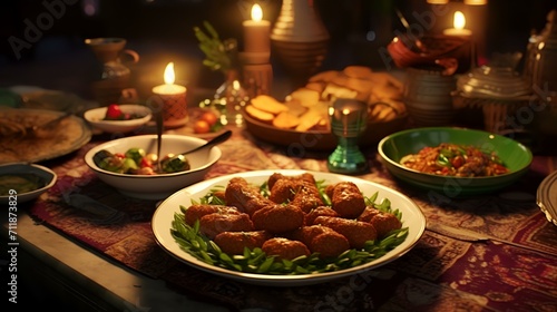 Traditional Indian food on a table in the evening. Selective focus.