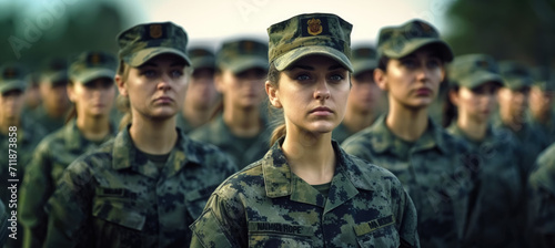 Group of women in military digital camouflage uniforms standing at army ceremony or presentation. Generative AI photo