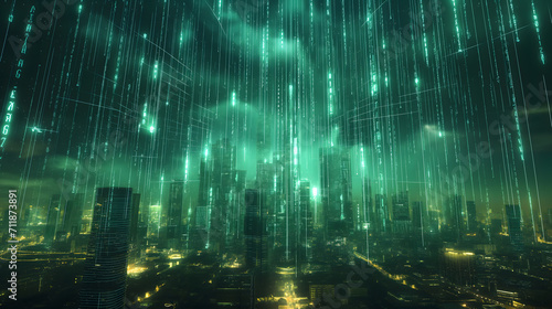 a futuristic city composed of glowing digital structures  symbolizing a network of sensitive data and information systems