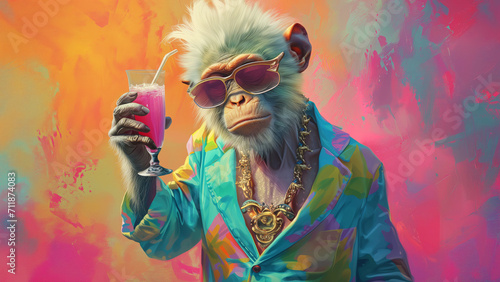 Fashionable anthropomorphic hyperrealistic male monkey character making cheers with refreshing cocktail dressed in a flamboyant colorful jacket. Fantasy creature concept photo
