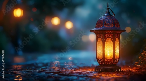 Lantern in the forest at night. Ramadan Kareem background