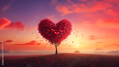 A tree with leaves shaped like red hearts against a vibrant sunset sky standing in field