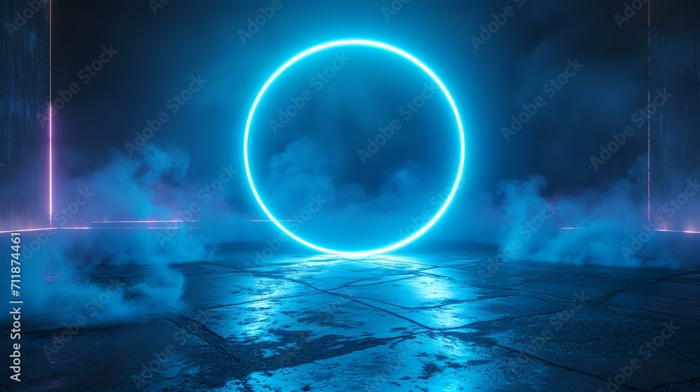 Neon circle on a dark background. 3d rendering mock-up