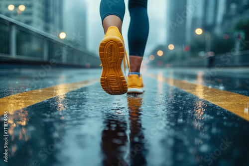 Active runner in yellow sneakers on a rainy urban street, embodying fitness perseverance and healthy lifestyle despite weather challenges photo