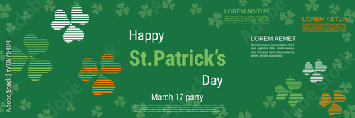 St.Patrick's Day vector banner template. Green background with clover leaves and design elements