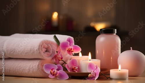 Relaxing beauty spa treatment with candles and free copy space for text or design