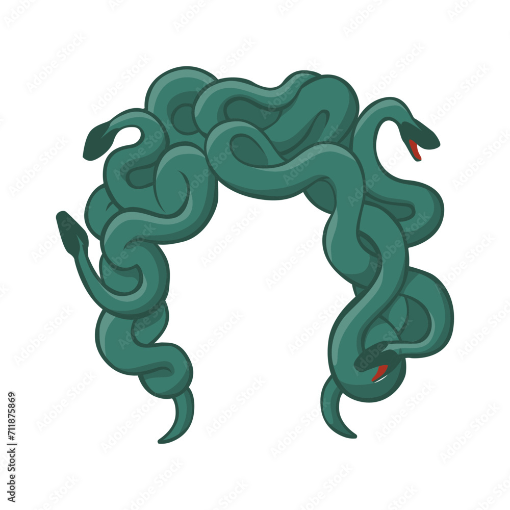 Obraz premium Hair wig from gorgon snakes template. Greek ferocious woman monster turning people to stone with mystical design for halloween and fantasy vector parties