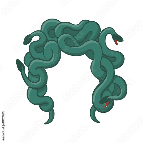 Hair wig from gorgon snakes template. Greek ferocious woman monster turning people to stone with mystical design for halloween and fantasy vector parties