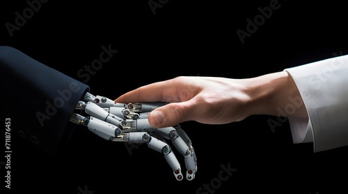 Robot hand touches a human hand, concept of the future
