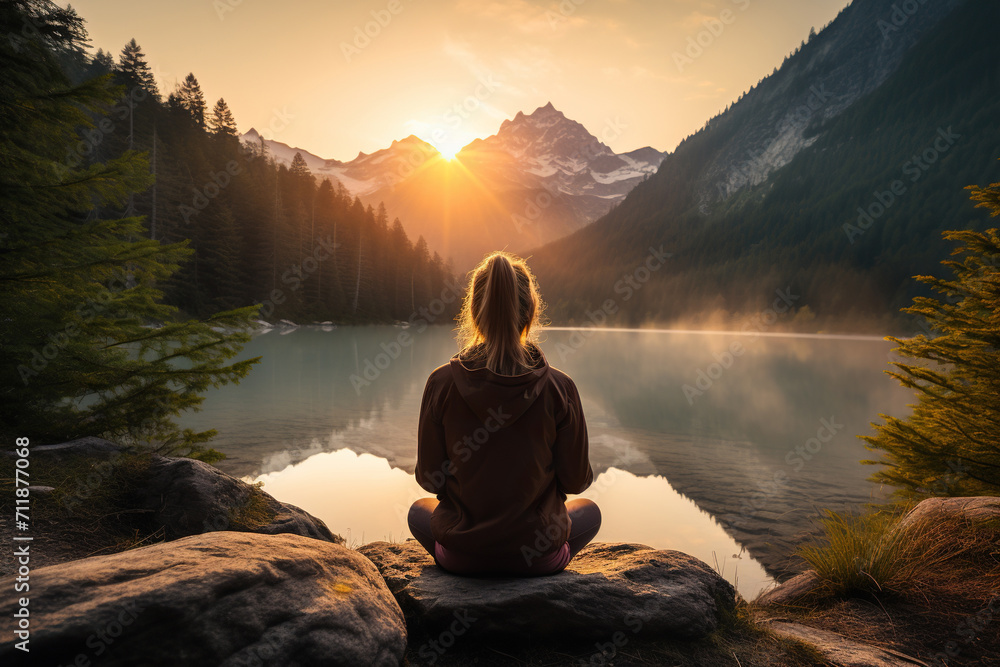 A girl sits on a stone in the lotus position looking at the mountains. Generated by artificial intelligence