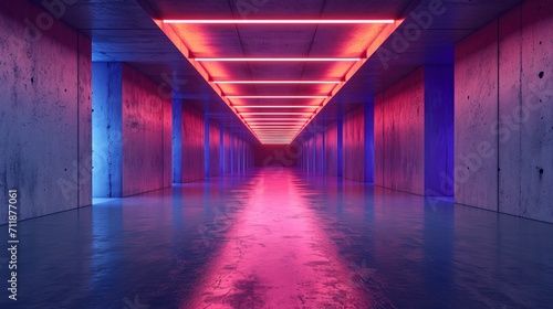 Empty concrete underground futuristic tunnel, neon light, garage.