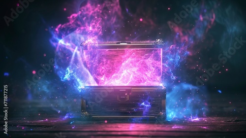 Magic open chest on a dark background. Neon glow, particles. Mystical light photo