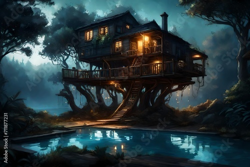 Nightfall at a tree house with swimming pool, where underwater lights in the pool create a mystical aura against the shadowy woods