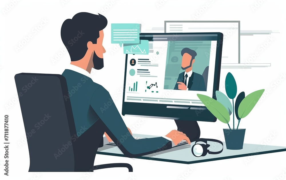 Virtual Meeting on Personal Computer: A businessman participating in a virtual meeting through a personal computer in the office Virtual Meeting on Personal Computer: A businessman participating in a virtual meeting through a personal computer in the office