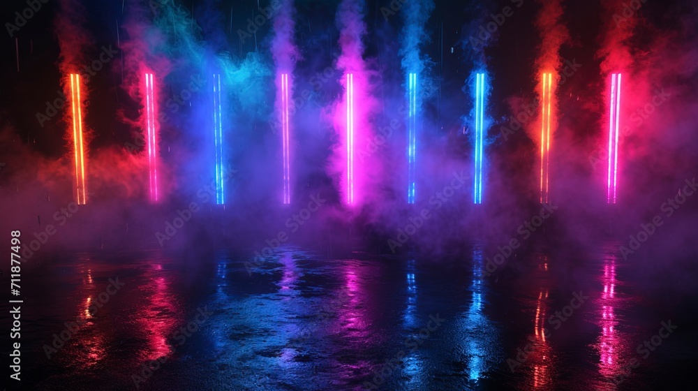 Neon abstract scene background with smoke, concrete, reflection.