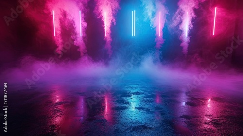 Neon abstract scene background with smoke, concrete, reflection.