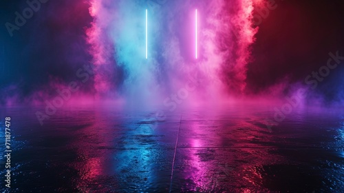 Neon abstract scene background with smoke, concrete, reflection. photo