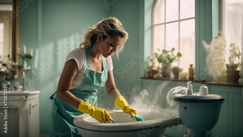  woman in apron cleaning toilet photo