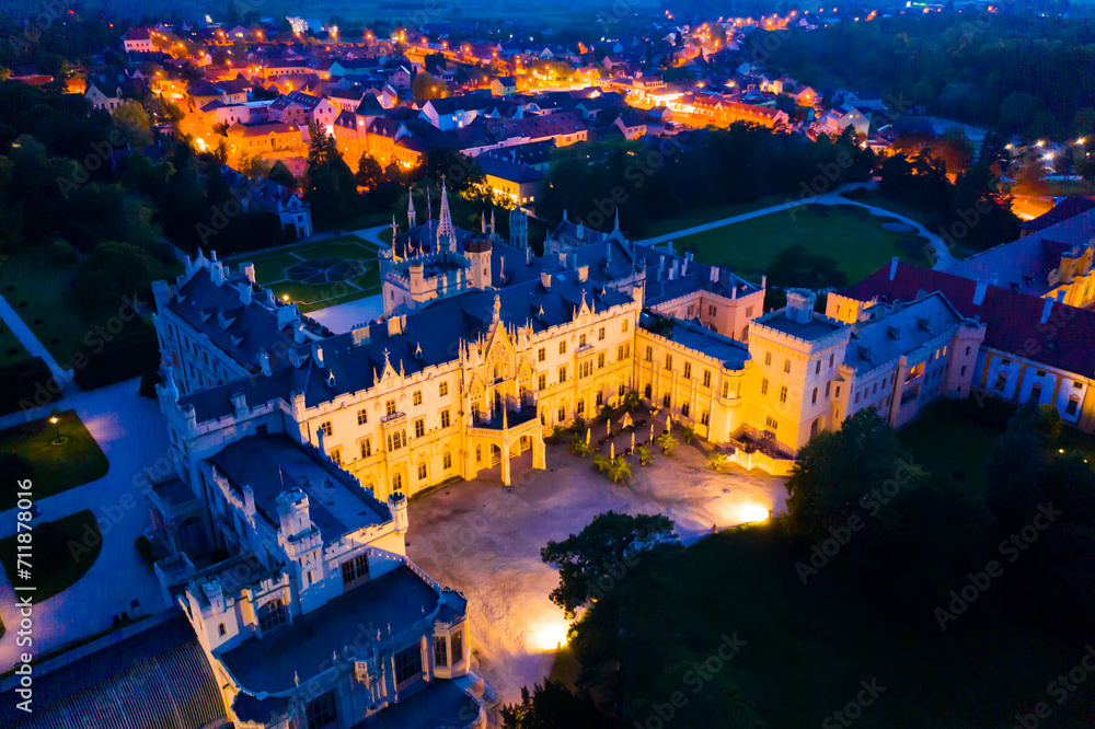 Evening aerial view on the medieval castle Lednice. South Moravian region. Czech Republic