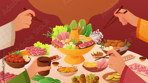 Traditional family gathering on Reunion dinner or eve of happy Chinese New Year. Home or restaurant table with hotpot and meals, hands of eating people with chopsticks cartoon vector illustration