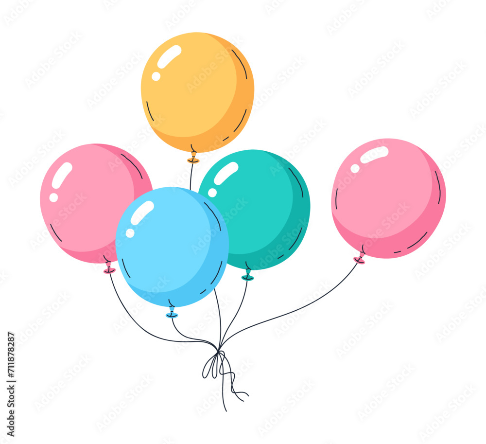Balloons decoration. Happy birthday air balloon bunch, helium glossy balloons holidays celebration decor flat vector illustration. Flying air balloons