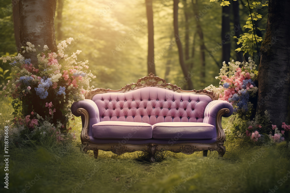 Fototapeta premium empty luxury sofa in the middle of a forest with flowers, romantic soft focus and ethereal light, sunrise