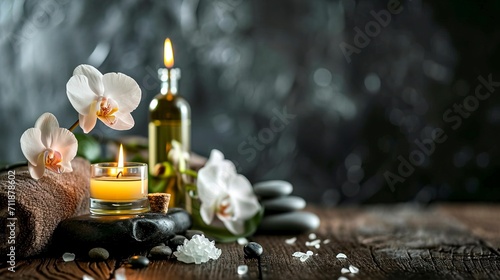 Dark background spa procedures, massage. Orchid, candle and oil on a wooden tabletop photo