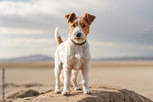 Perro fox terrier de pelo duro en medio de un paisaje desertico  photo