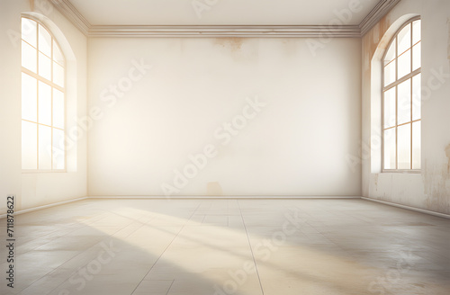 empty floor and windows in room with white wall background ai generative